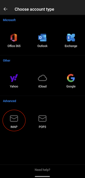 The IMAP option will be the second to last, at the bottom-left of your screen.